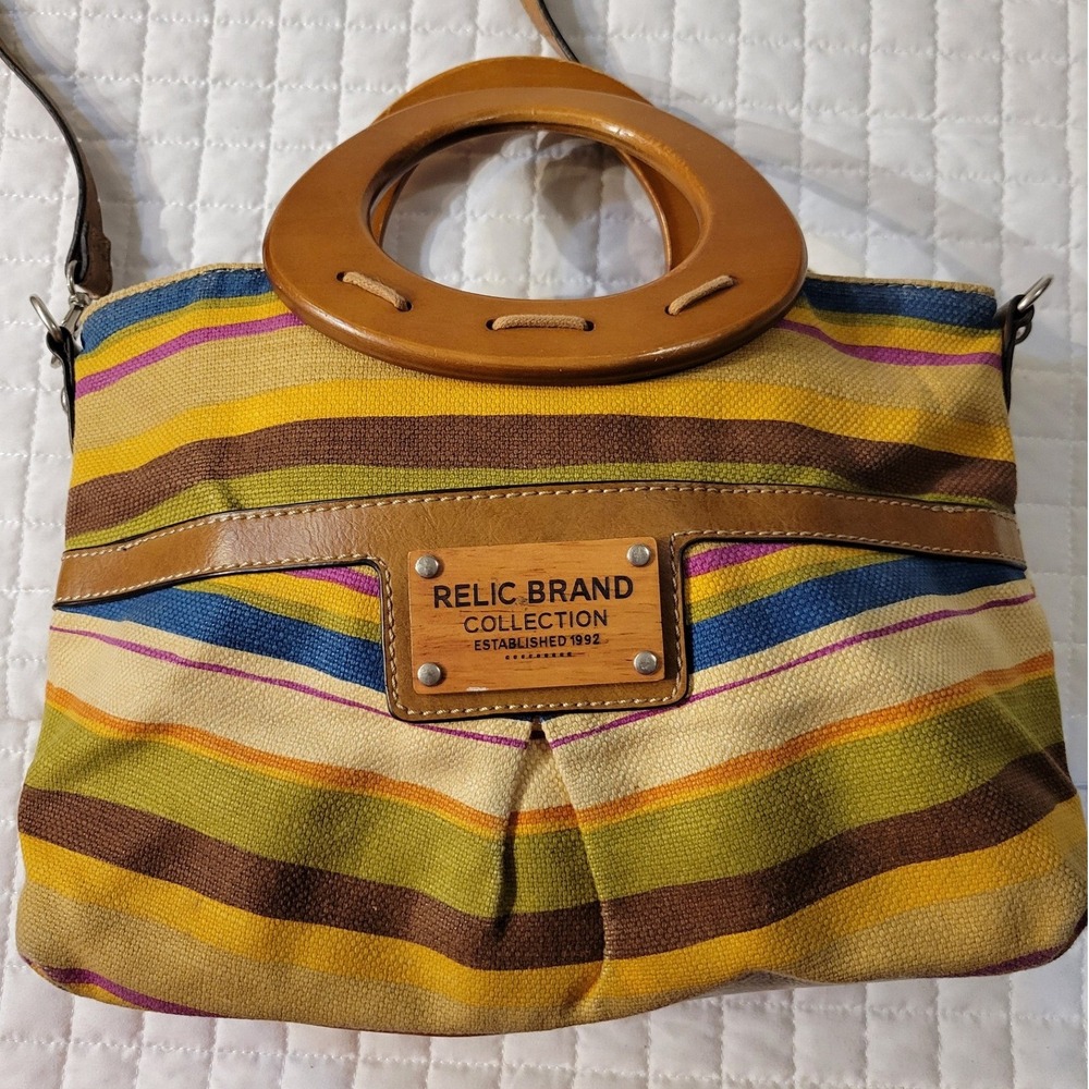 Relic Brand Collection Striped Canvas Shoulder Crossbody Bag Wooden Handle Boho